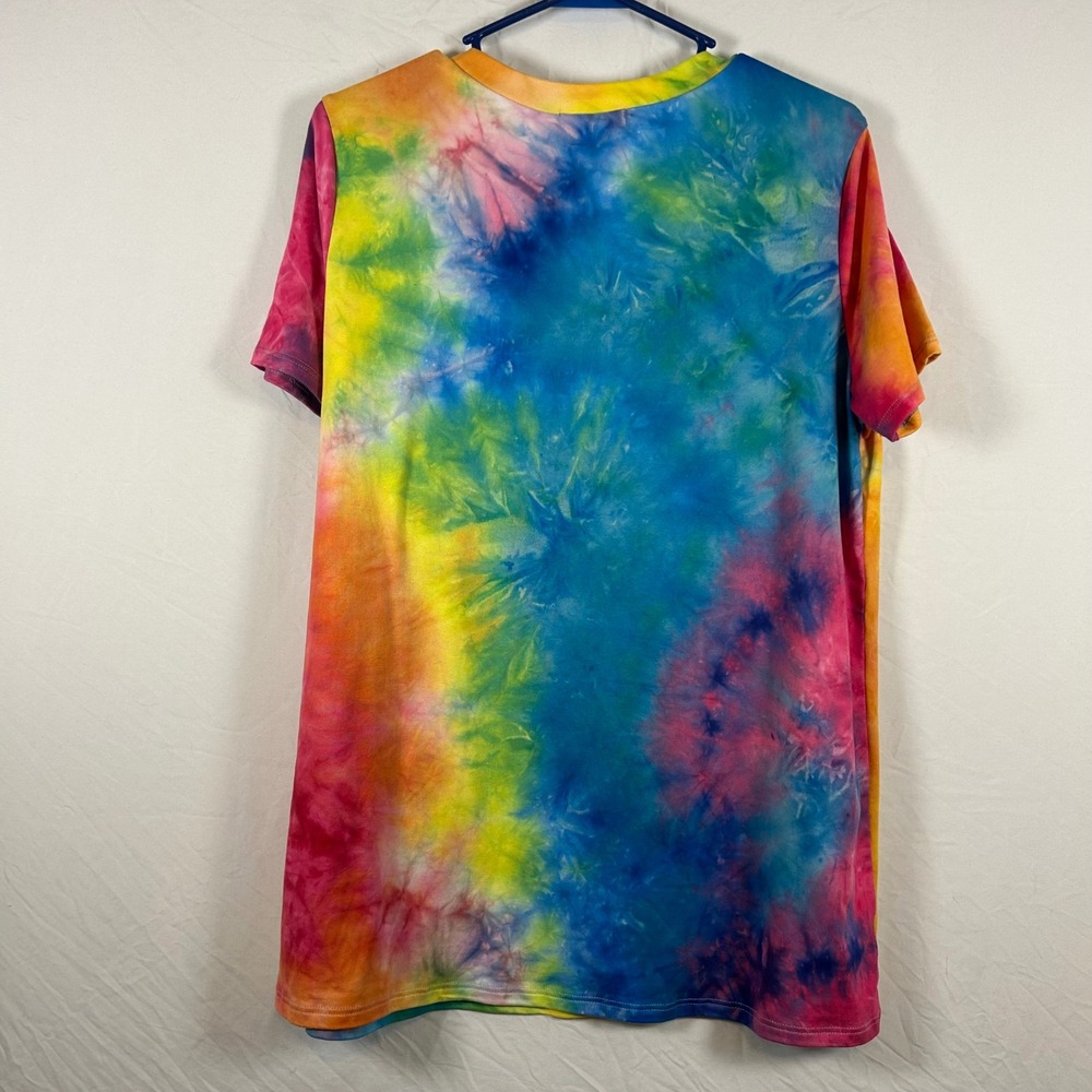 Perfect Peach Womens Large Rainbow Tie Dye V-Neck Short Sleeve T-Shirt Colorful - Picture 2 of 3